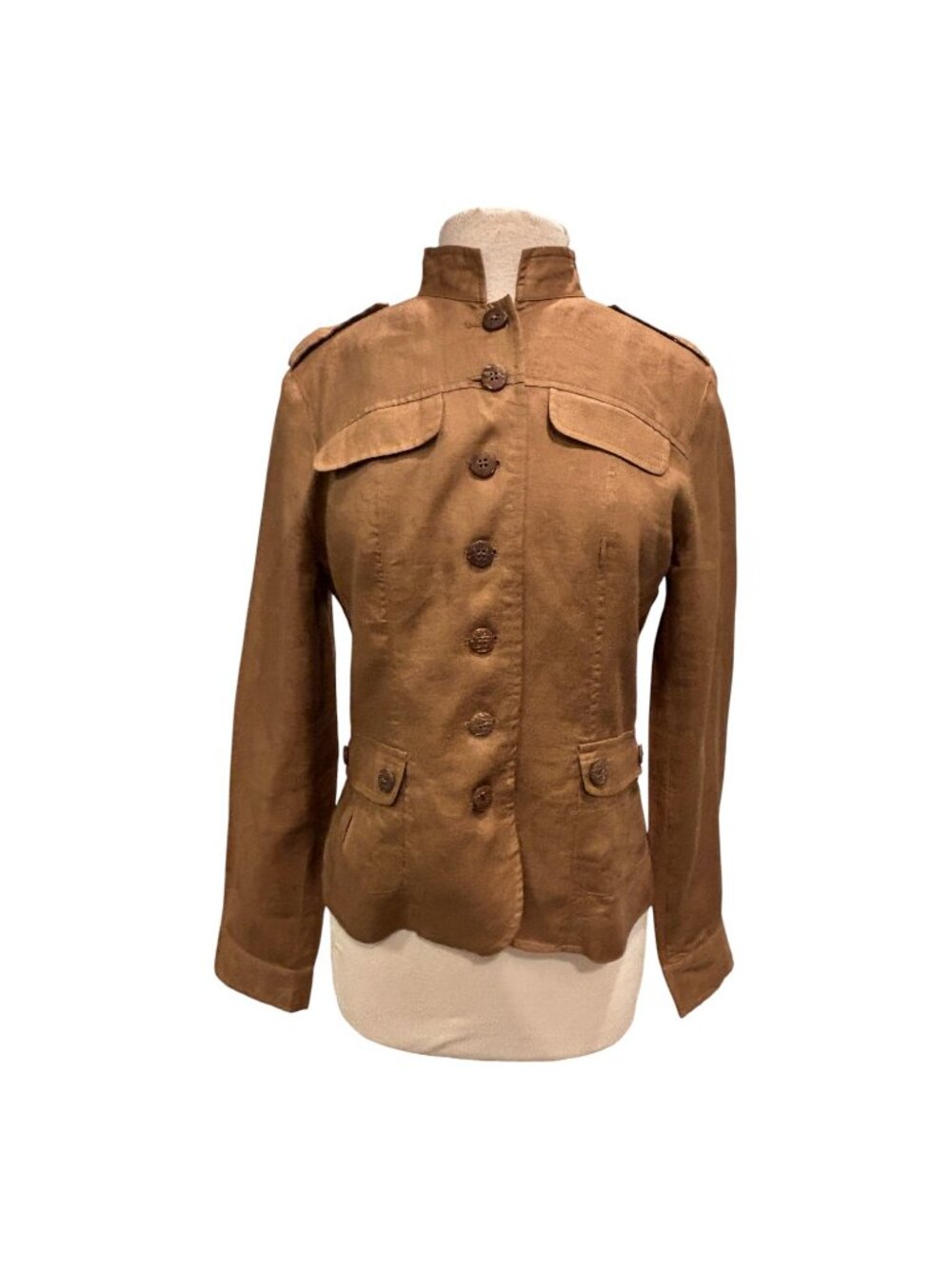 Alison Taylor 100% Linen Military Jacket Womens Size 10 Brown Button Front Safar - Picture 2 of 10